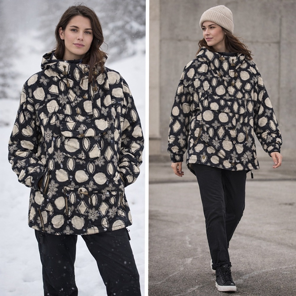 NILS Vintage 90s Snowboard Anorak Jacket Black Ivory Print Women’s 10